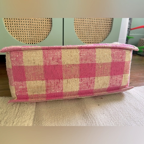 Sandro Paris Large Pink Cream Kasbah Tan Gold Check Gingham Tote Bag EUC $450 - Picture 6 of 11